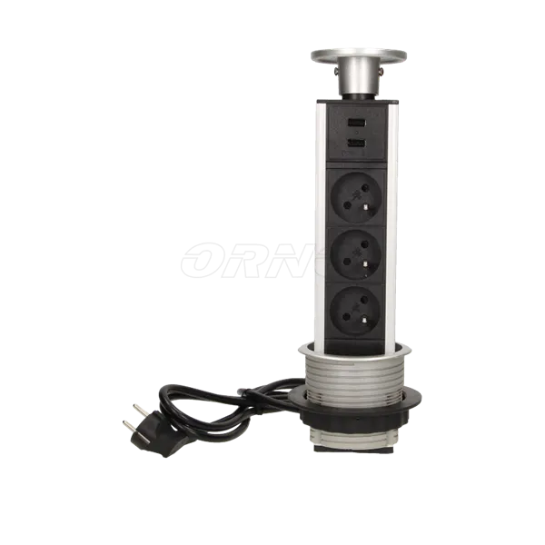 Möbelsteckdose 8cm, 3x250V AC herausziehbar aus Tischplatte mit USB-Ladegerät und 1,8 m Kabel, silber, Orno OR-AE-1357