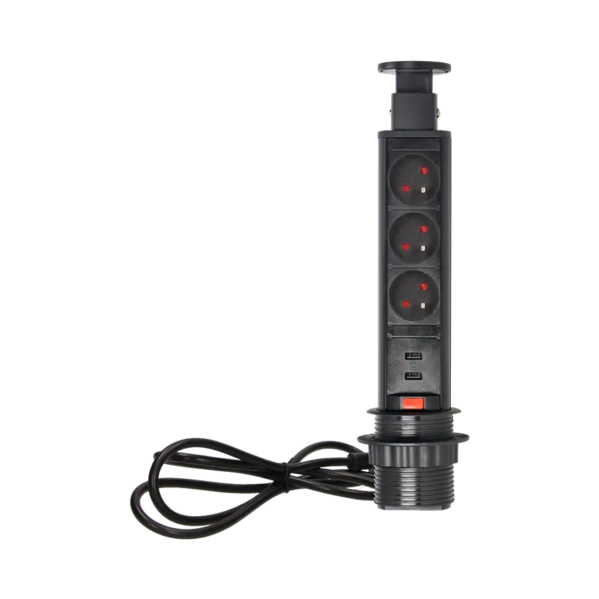 Ø6cm ausziehbare Möbeldose mit USB-Ladegerät, Verriegelung und 1,8m Kabel, 3x2P+Z, 2xUSB (Typ A, 2,1A), schwarz