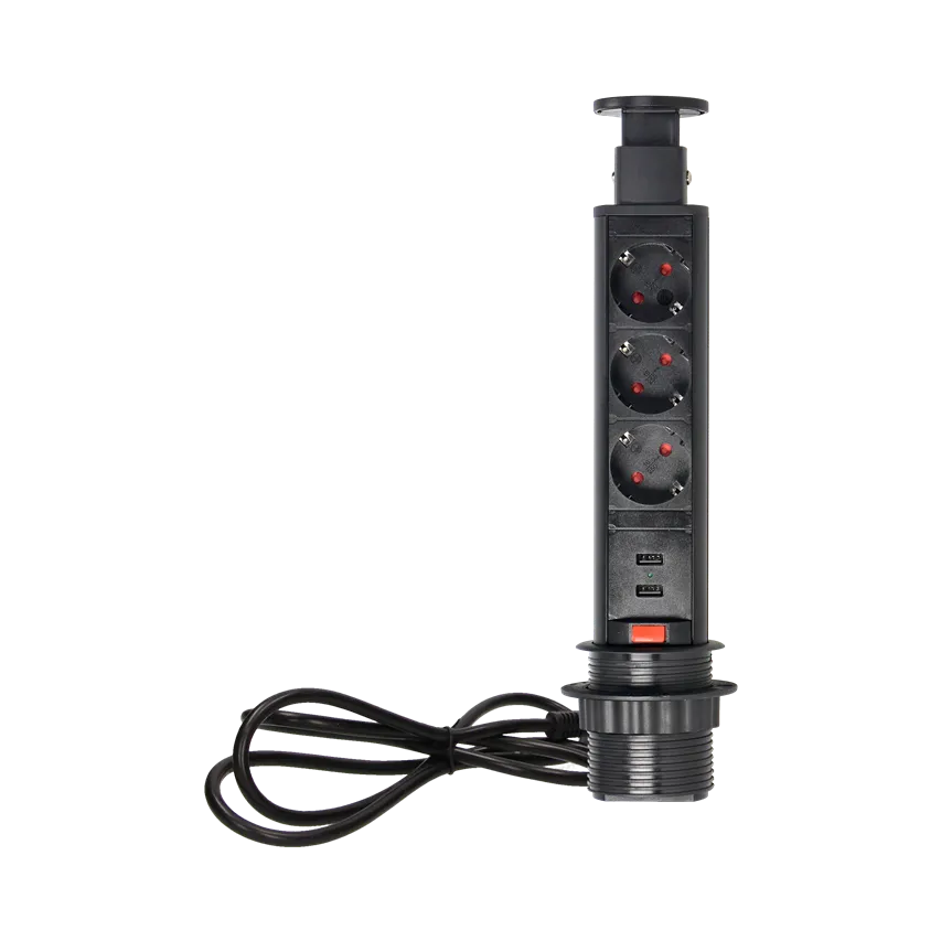 Ø6cm ausziehbare Tischsteckdose mit USB-Ladegerät, Verriegelung und 1,8m Kabel, 3x2P+Z (Schuko), 2xUSB (Typ A, 2.1A), schwarz