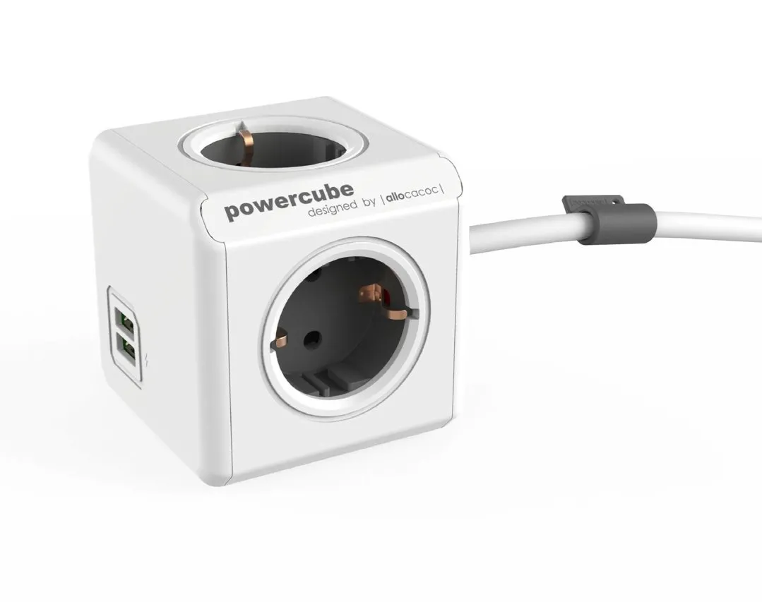 PowerCube Extended USB-Würfel 1,5 m, Typ F Schuko, 2x USB grau Allocacoc
