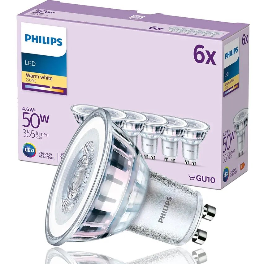 Satz von 6x GU10 Glühbirnen 4.6W (50W) warmweiß 2700K 355lm 77lm/W