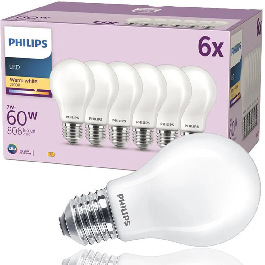 Set 6x LED-Glühbirne E27 7W (60W) warmweiß 2700K 806lm 115lm/W