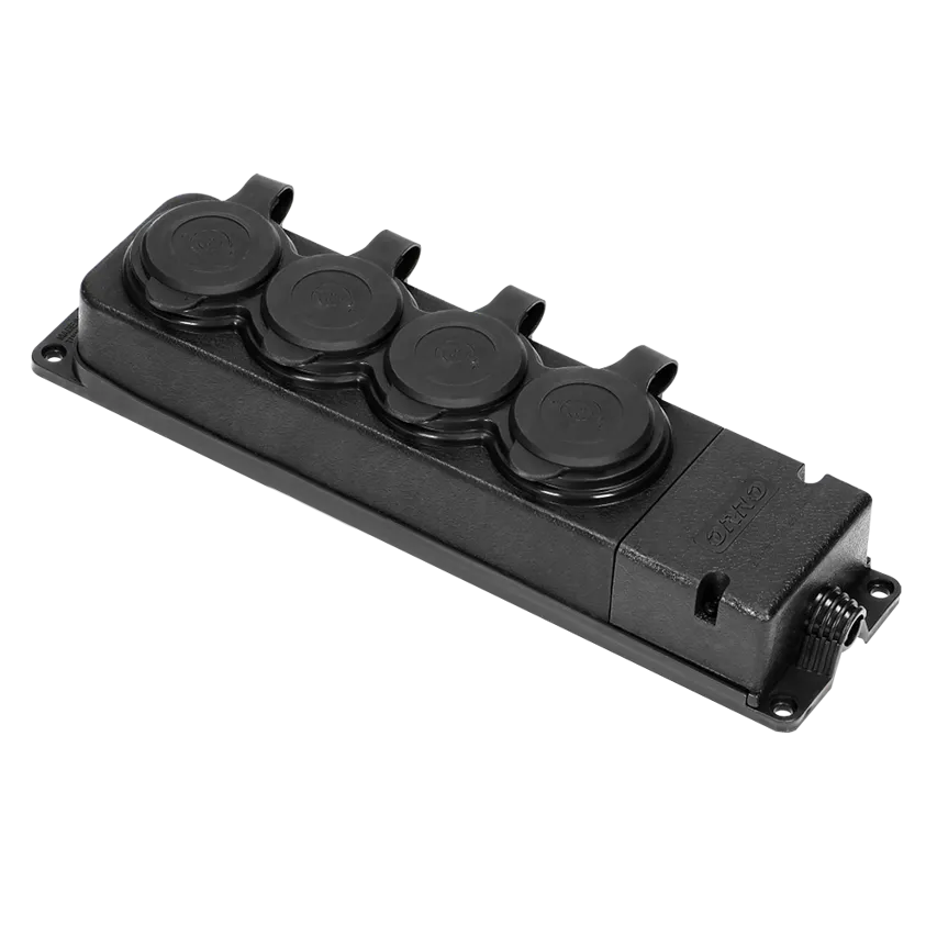 Spritzwassergeschützter und schlagfester Verteiler, IP44 4 Steckdosen 2P+Z 16A, 230V AC Gummi Orno