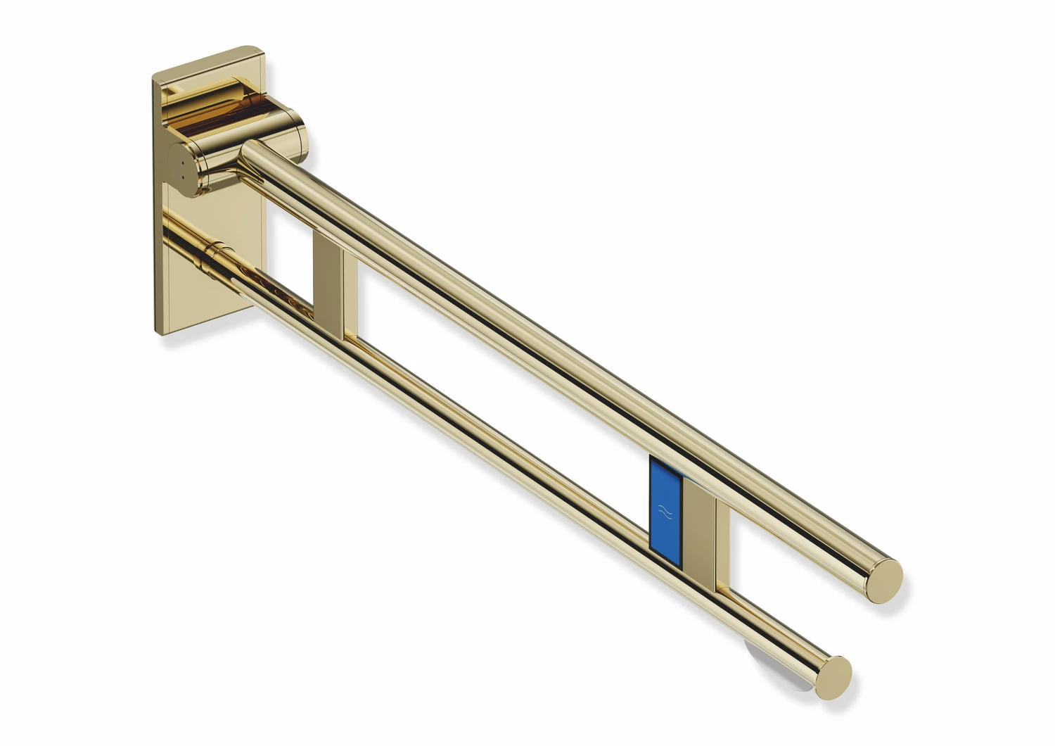 Stützklappgriff Duo, Design A des Systems 900, Edelstahl, PVD, Ausladung 850 mm, mit WC-Papierhalter und Funk-Spülauslösung, Ausführung links, in Farbe CK (Messing glänzend)