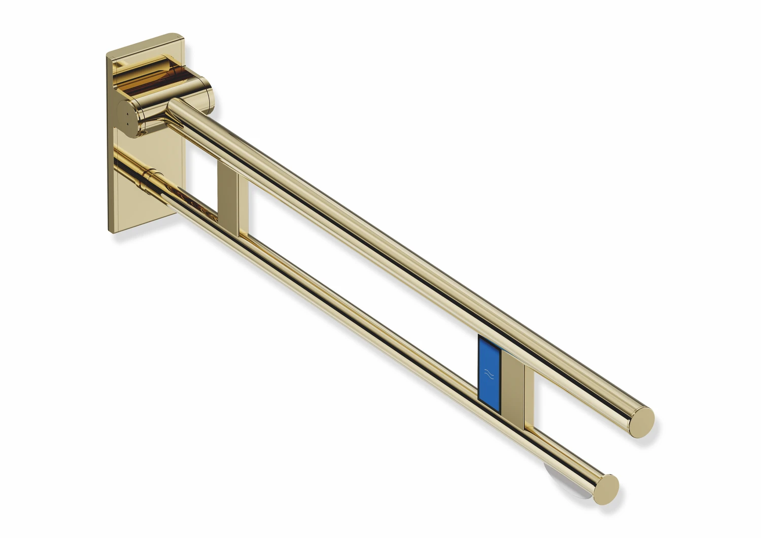 Stützklappgriff Duo, Design A des Systems 900, Edelstahl, PVD, Ausladung 900 mm, mit WC-Papierhalter und Funk-Spülauslösung, Ausführung links, in Farbe CK (Messing glänzend)