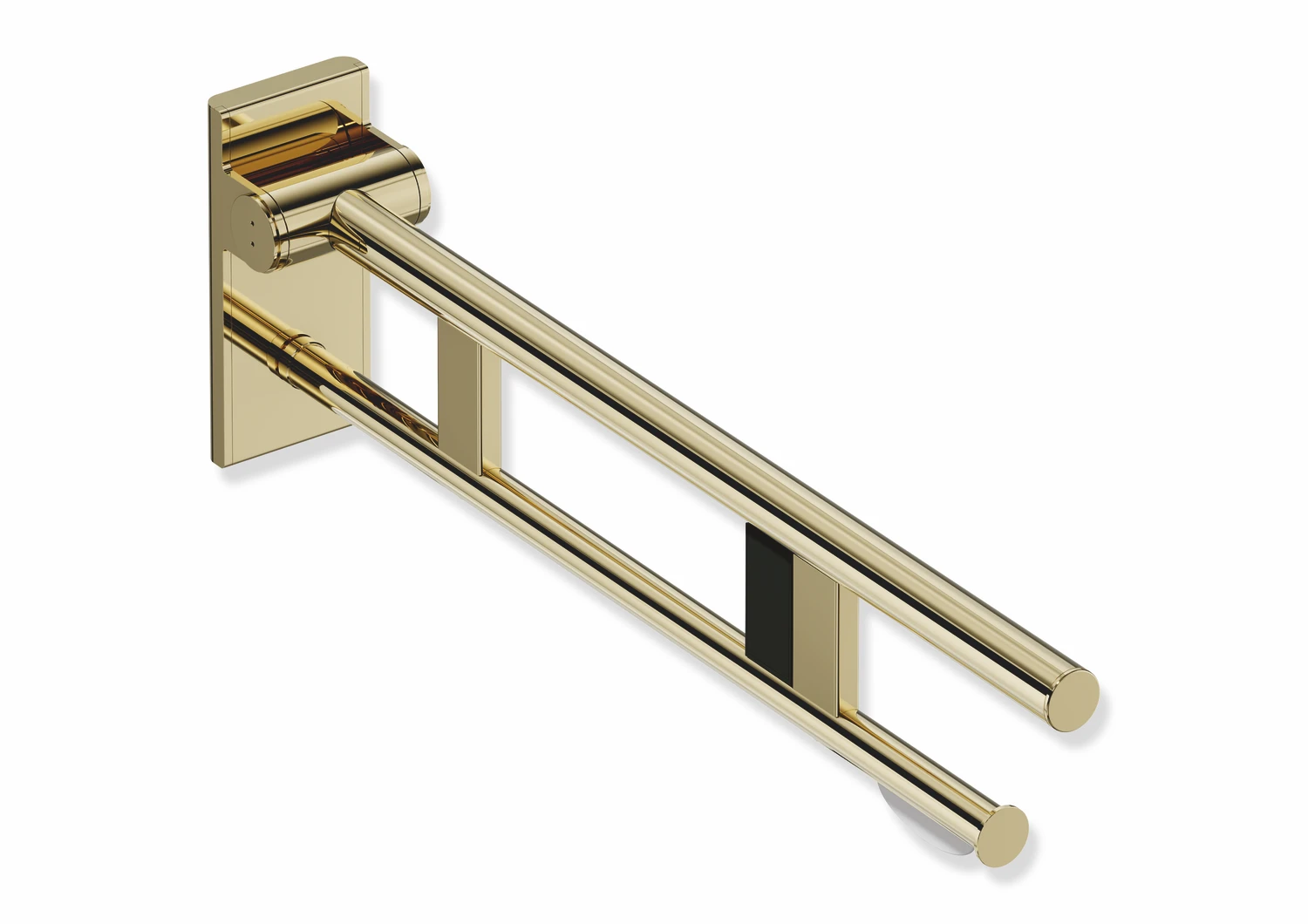 Stützklappgriff Duo, Design A des Systems 900, Edelstahl, PVD, Ausladung 700 mm, mit WC-Papierhalter und Funk-Spülauslösung, Ausführung rechts, in Farbe CK (Messing glänzend)