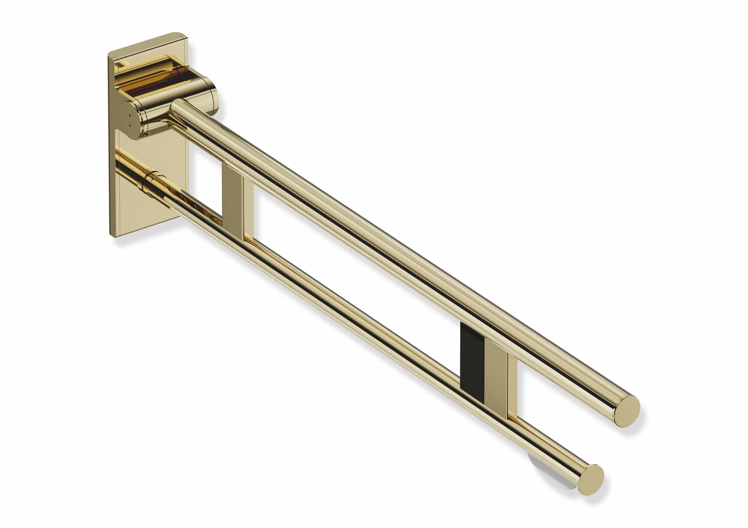 Stützklappgriff Duo, Design A des Systems 900, Edelstahl, PVD, Ausladung 850 mm, mit WC-Papierhalter und Funk-Spülauslösung, Ausführung rechts, in Farbe CK (Messing glänzend)