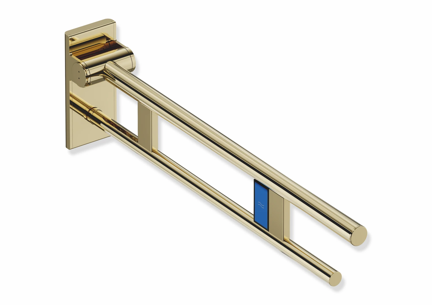 Stützklappgriff Duo, Design A des Systems 900, Edelstahl, PVD, Ausladung 750 mm, mit Funk-Spülauslösung, Ausführung links, in Farbe CK (Messing glänzend)