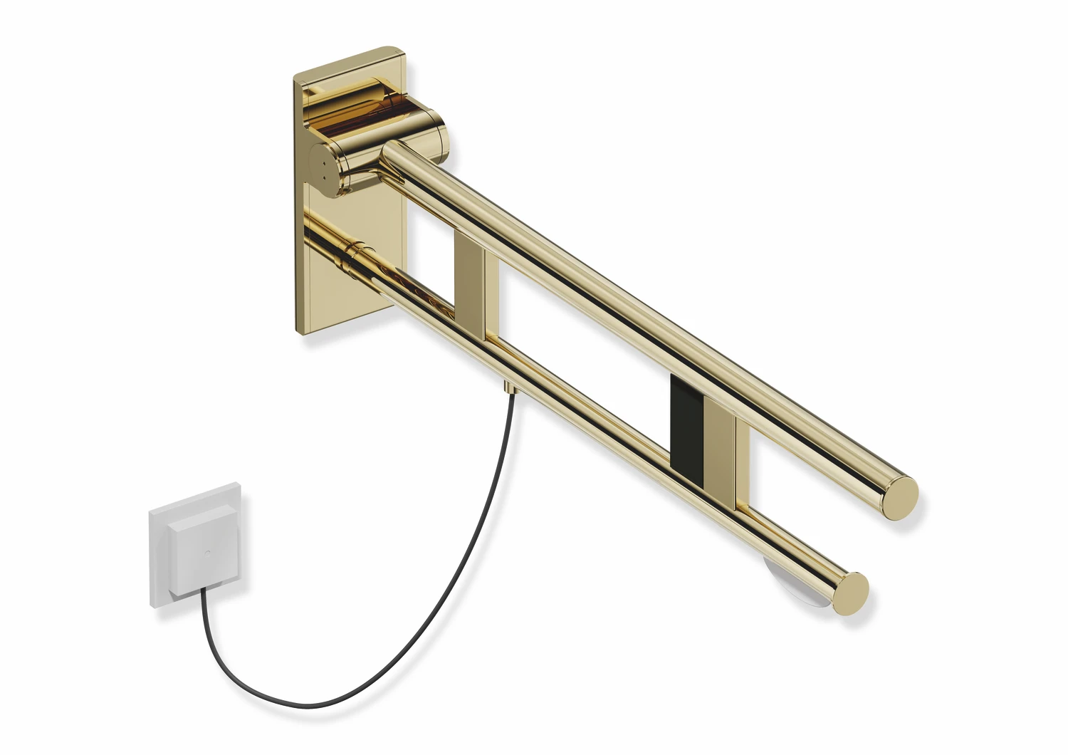 Stützklappgriff Duo, Design A des Systems 900, Edelstahl, PVD, Ausladung 700 mm, mit WC-Papierhalter und Spülauslösung (E-Ausführung), Ausführung rechts, in Farbe CK (Messing glänzend)