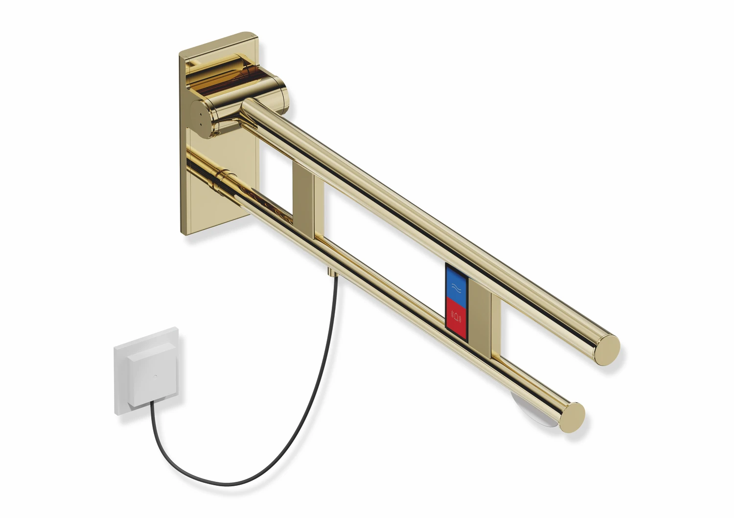 Stützklappgriff Duo, Design A des Systems 900, Edelstahl, PVD, Ausladung 700 mm, mit WC-Papierhalter und Spül-/Funktionstasten (E-Ausführung), Ausführung links, in Farbe CK (Messing glänzend)