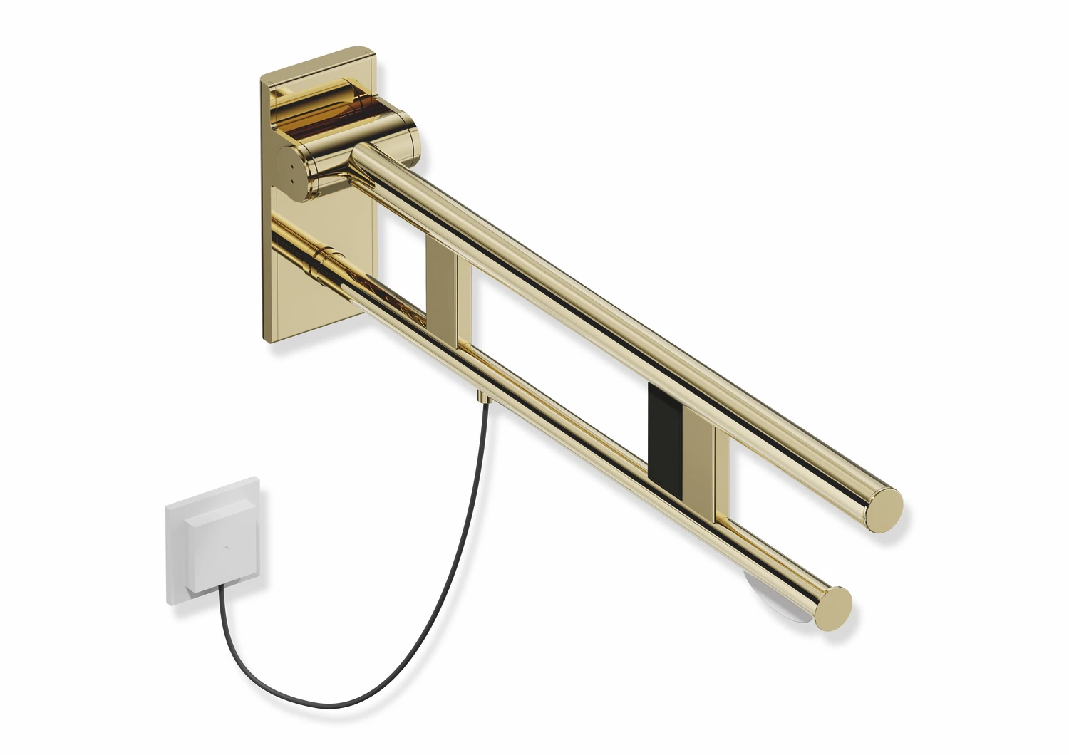 Stützklappgriff Duo, Design A des Systems 900, Edelstahl, PVD, Ausladung 700 mm, mit WC-Papierhalter und Spül-/Funktionstasten (E-Ausführung), Ausführung rechts, in Farbe CK (Messing glänzend)