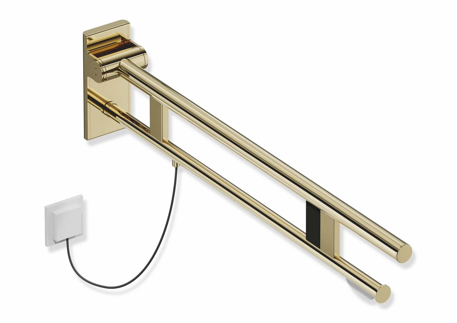 Stützklappgriff Duo, Design A des Systems 900, Edelstahl, PVD, Ausladung 900 mm, mit WC-Papierhalter und Spül-/Funktionstasten (E-Ausführung), Ausführung rechts, in Farbe CK (Messing glänzend)