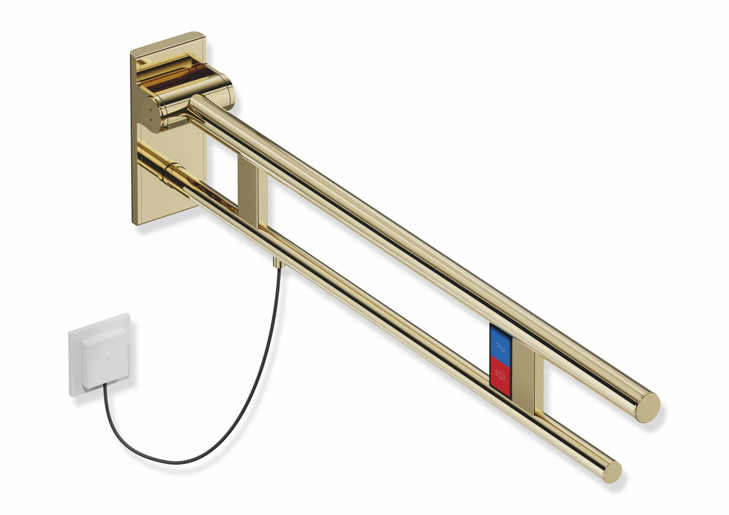 Stützklappgriff Duo, Design A des Systems 900, Edelstahl, PVD, Ausladung 900 mm, mit Spül-/Funktionstasten (E-Ausführung), Ausführung links, in Farbe CK (Messing glänzend)