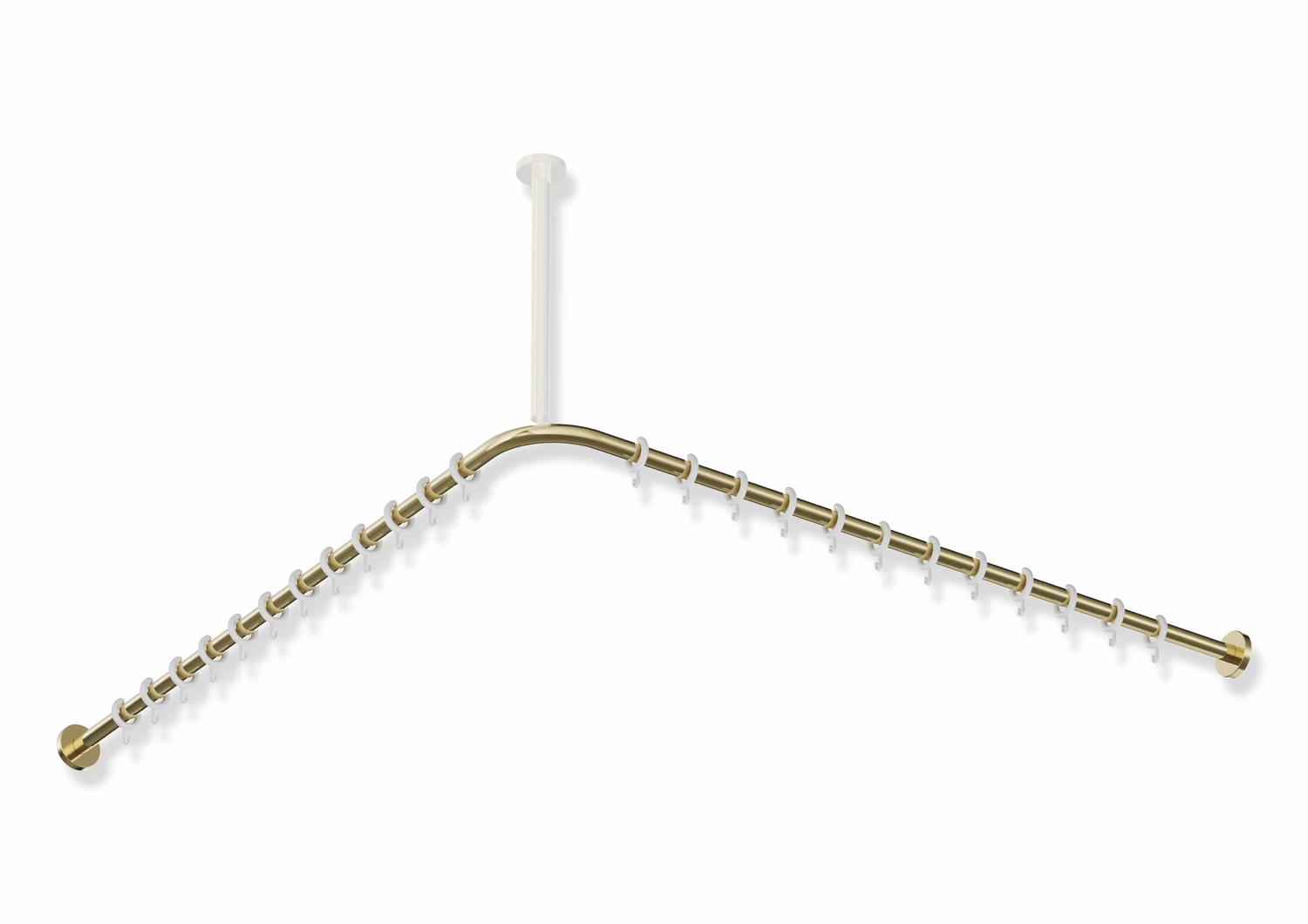 Vorhangstange des Systems 900, Edelstahl, PVD, Achsmaß 1187 x 1187 mm, kürzbar, D: 25 mm, mit 24 Vorhangringen aus POM, in Farbe CK (Messing glänzend)