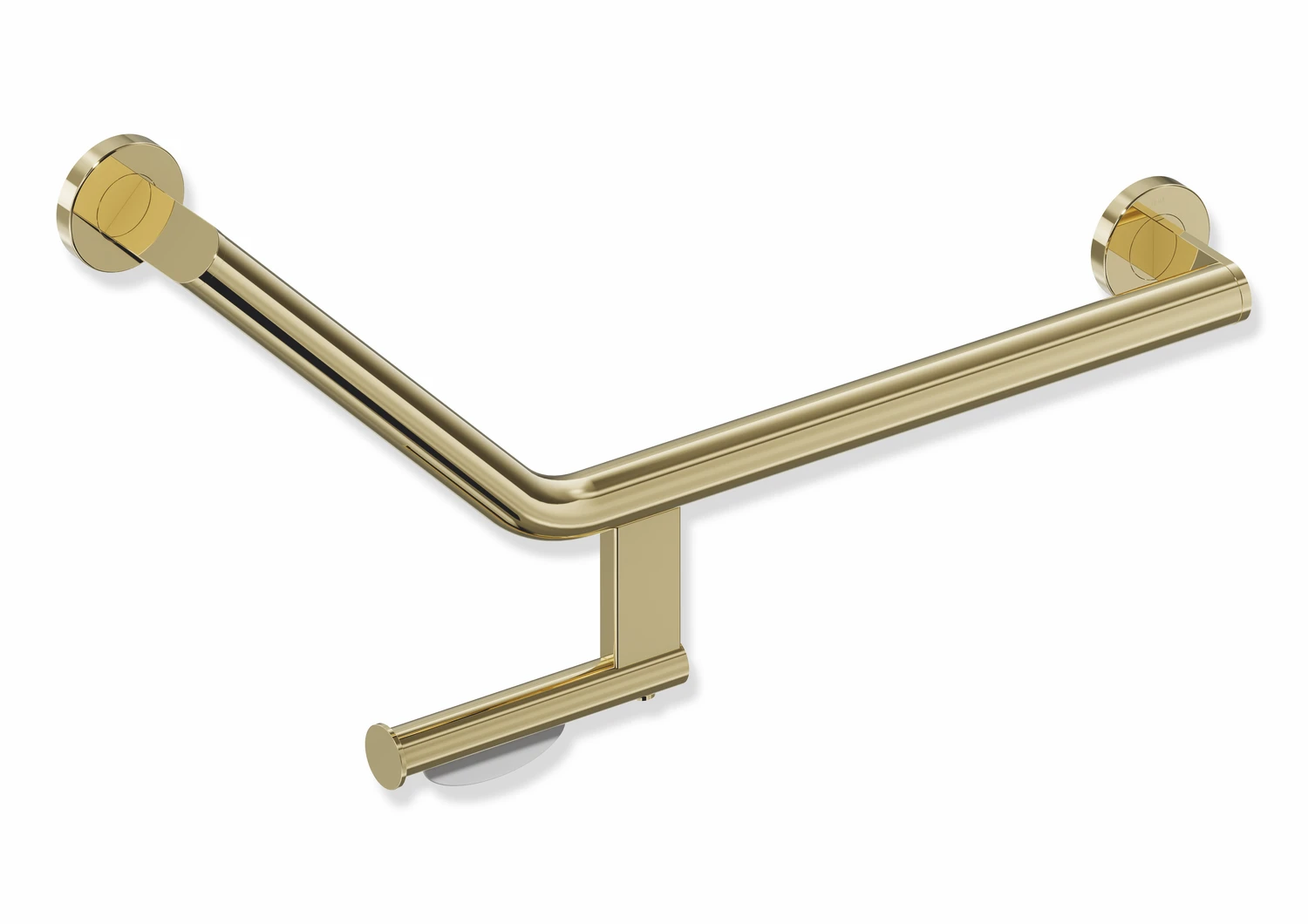 Winkelgriff mit Papierrollenhalter des Systems 900, Edelstahl, PVD, Achsmaße 620 mm und 283 mm, Winkel 135°, D: 32 mm, Ausführung rechts, in Farbe CK (Messing glänzend)