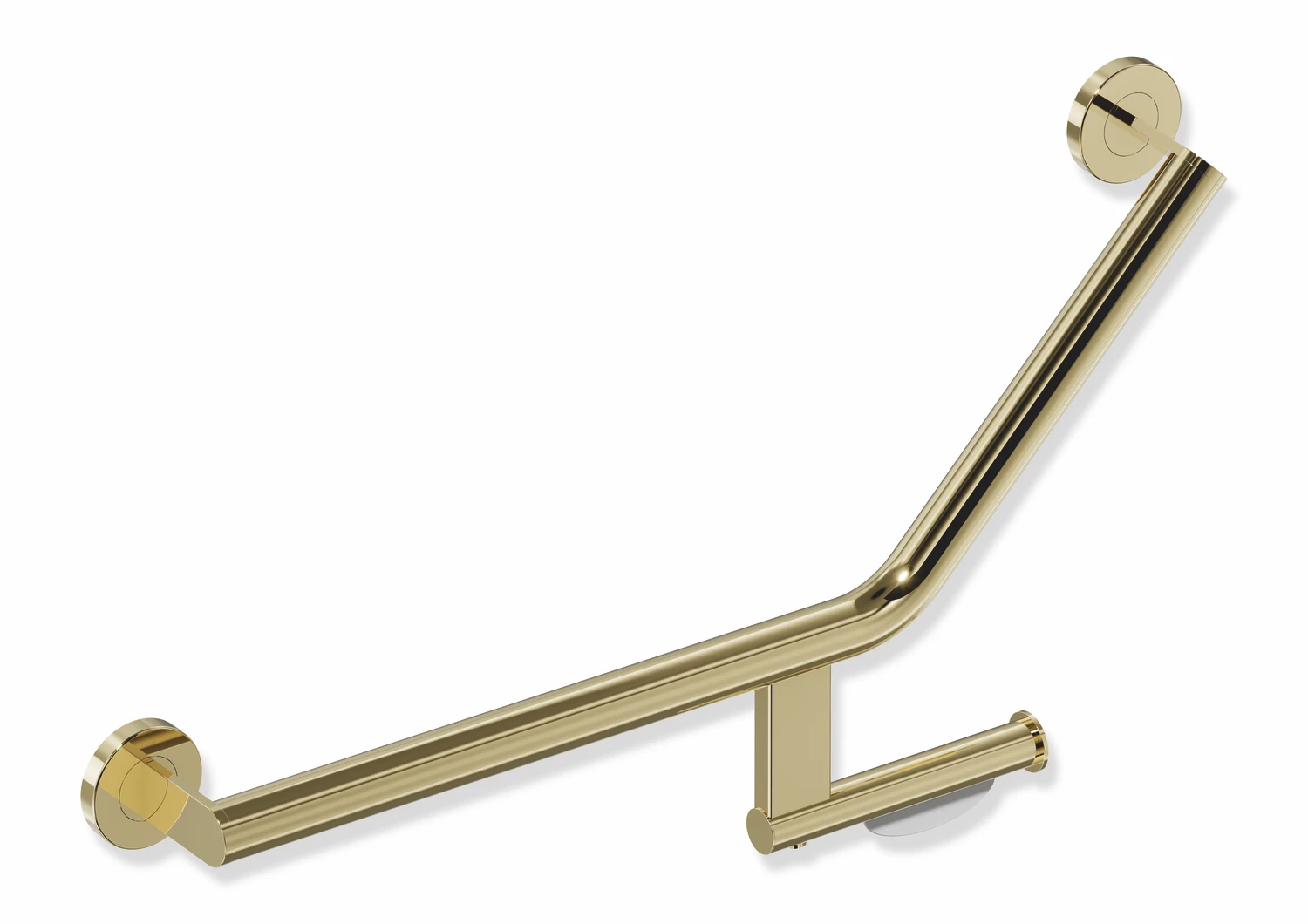 Winkelgriff mit Papierrollenhalter des Systems 900, Edelstahl, PVD, Achsmaße 620 mm und 283 mm, Winkel 135°, D: 32 mm, Ausführung links, in Farbe CK (Messing glänzend)