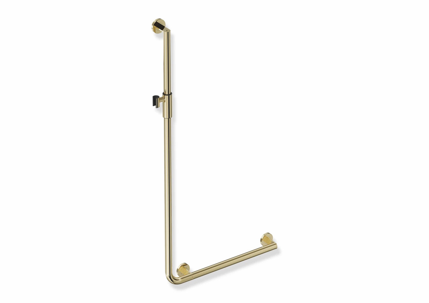 Winkelgriff mit Brausehalter, Edelstahl, PVD, waagerechte Länge 600 mm, senkrechte Länge 1250 mm, D: 32 mm, Ausführung rechts, mit magnetischem Brausehalter, in Farbe CK (Messing glänzend)