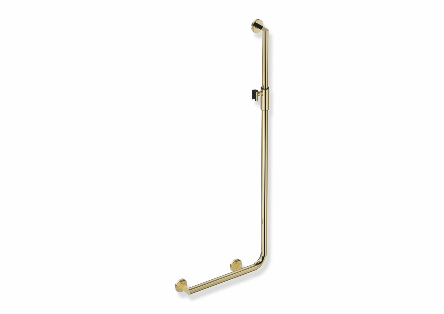 Winkelgriff mit Brausehalter, Edelstahl, PVD, waagerechte Länge 450 mm, senkrechte Länge 1250 mm, D: 32 mm, Ausführung links, mit magnetischem Brausehalter, in Farbe CK (Messing glänzend)