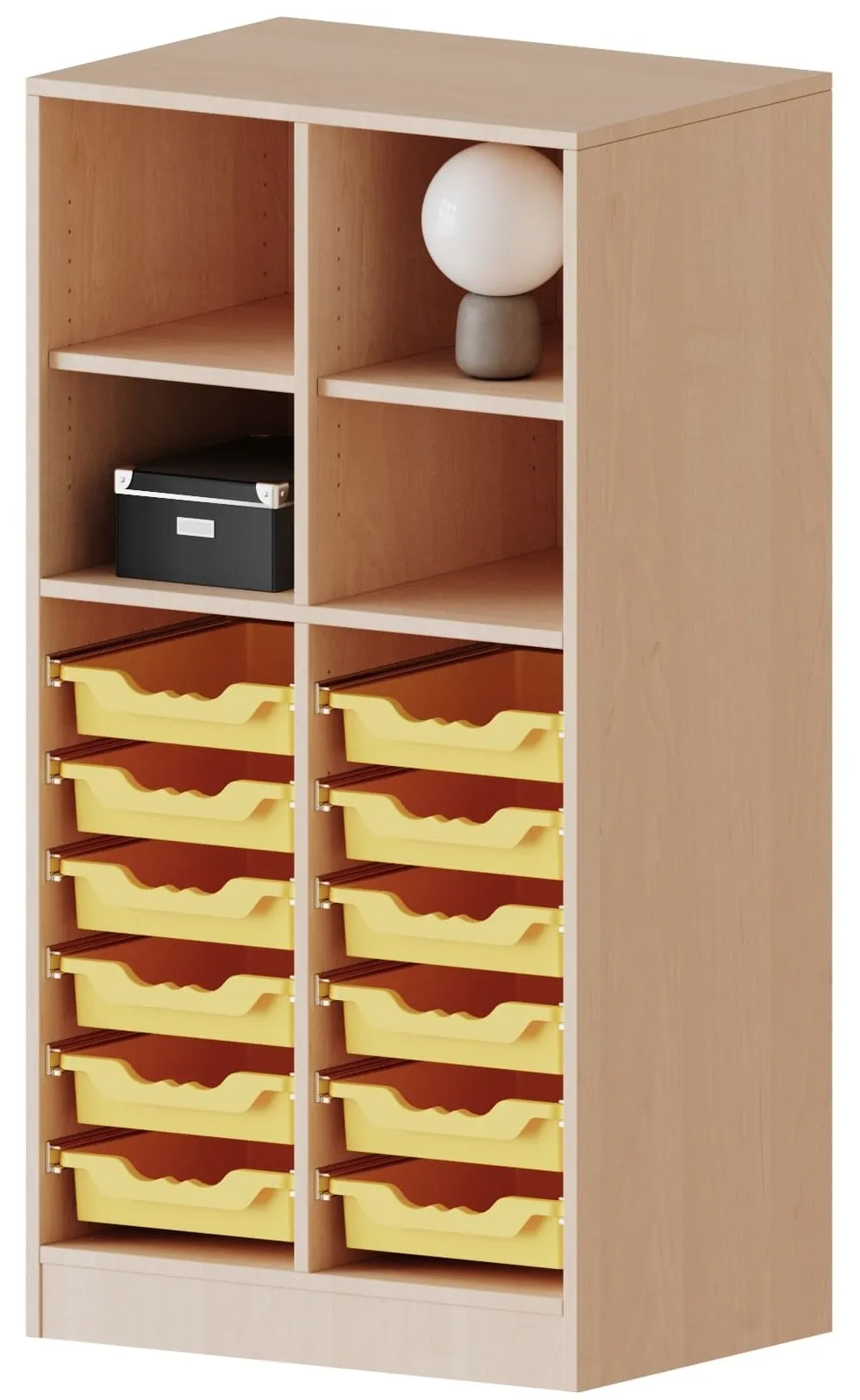 Regal mit 12 flachen ErgoTray Boxen und 4 offenen Fächern, B/H 70,3 x 136 cm - EVO180 Serie