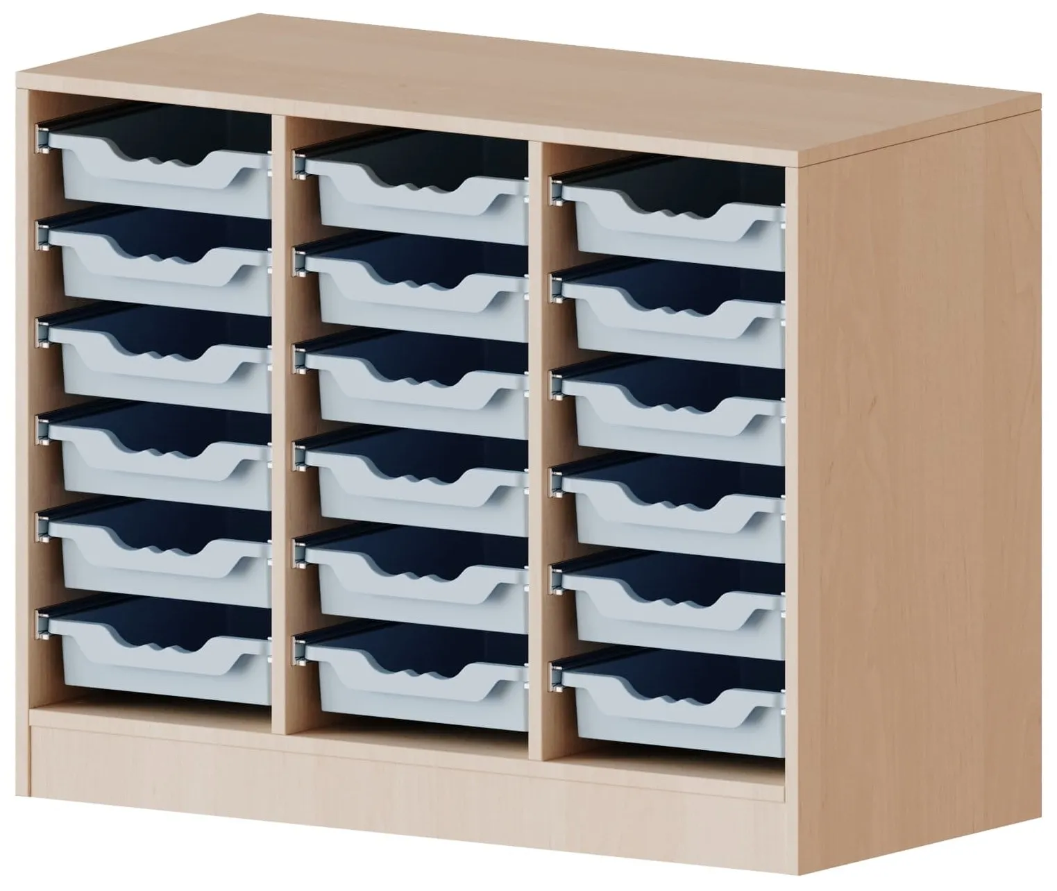 Regal dreireihig mit 18 flachen ErgoTray Boxen, B/H 104,5 x 82 cm - EVO180 Serie