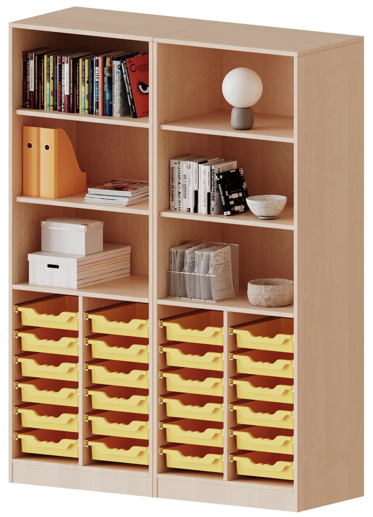 Regal mit 24 flachen ErgoTray Boxen und 6 oder 12 Fächern, B/H 140,6 x 190 cm - EVO180 Serie