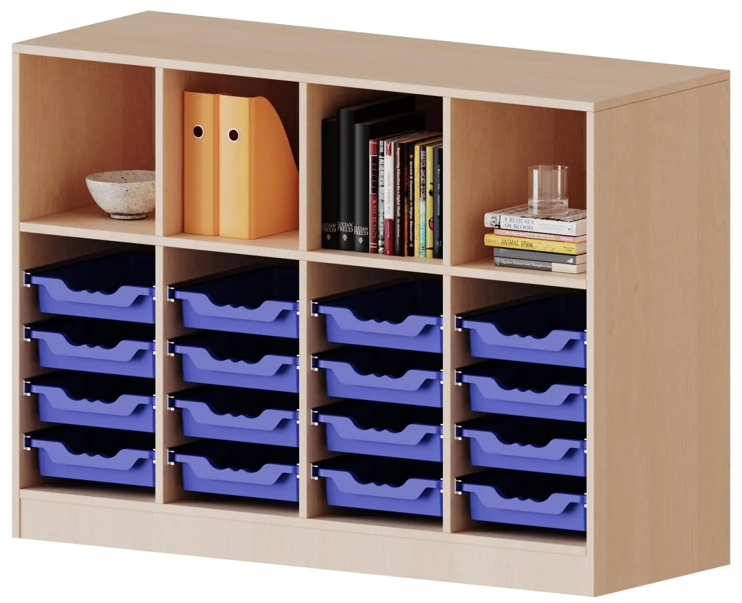 Regal mit 16 flachen ErgoTray Boxen und 4 Fächern, B/H 138,7 x 100 cm - EVO180 Serie