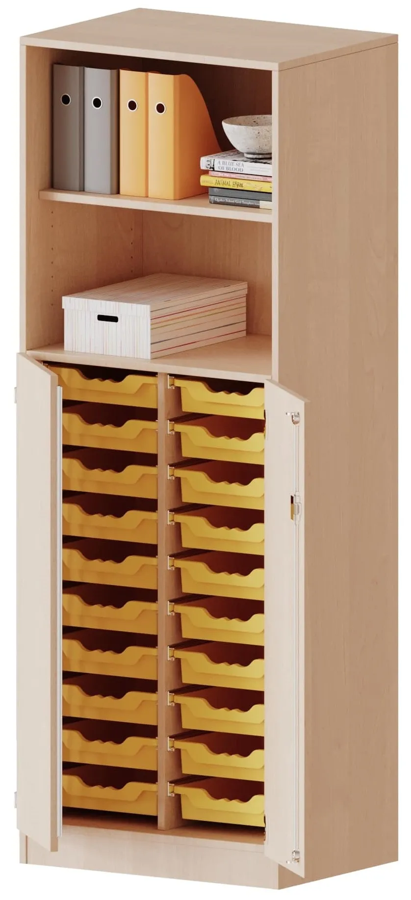 Kombischrank mit 20 flachen ErgoTray Boxen und 2 oder 4 offenen Fächern, Breite 70,3 cm - EVO180 Serie