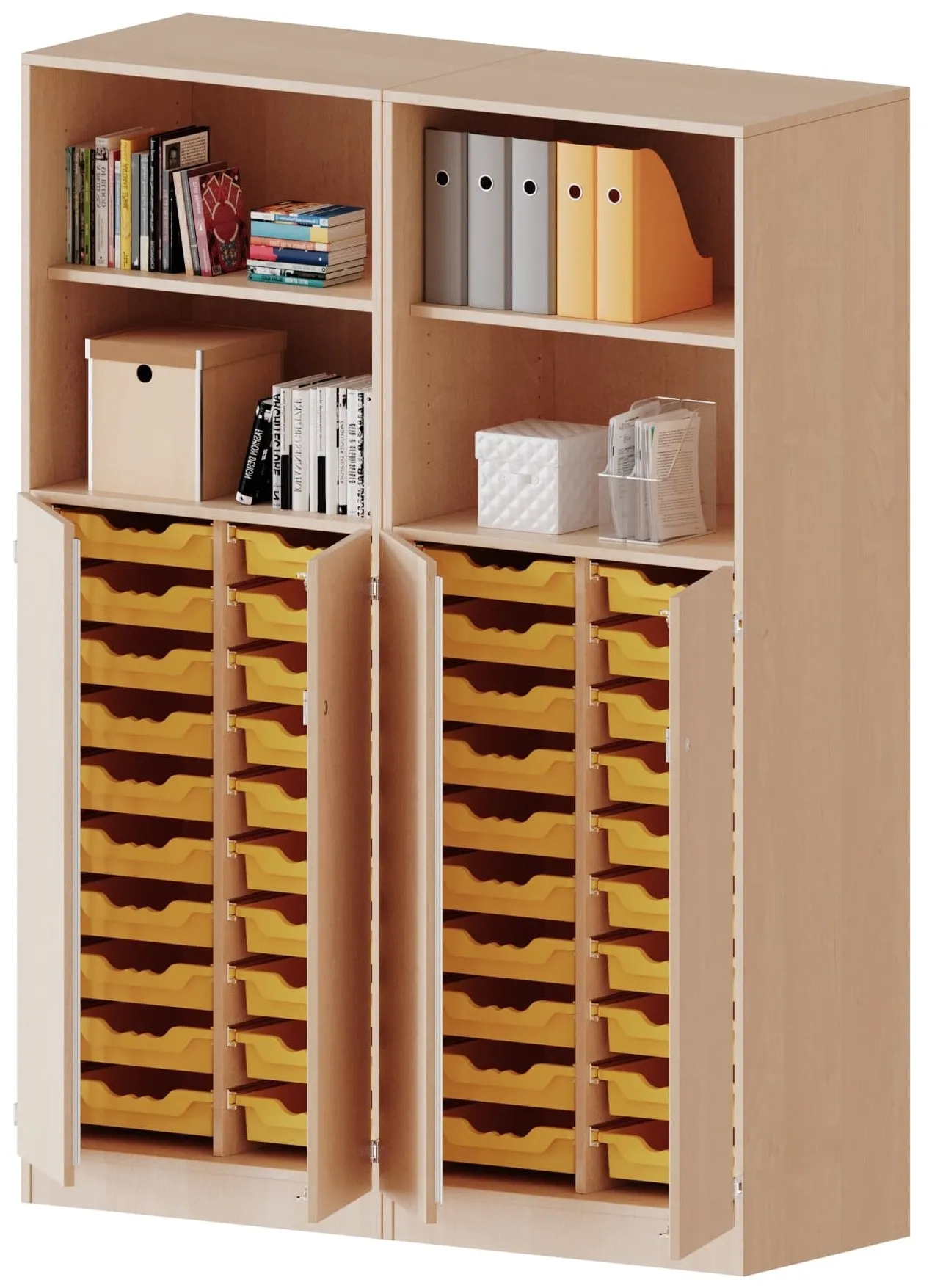 Kombischrank mit 40 flachen ErgoTray Boxen und 4 oder 8 offenen Fächern, Breite 140,6 cm - EVO180 Serie