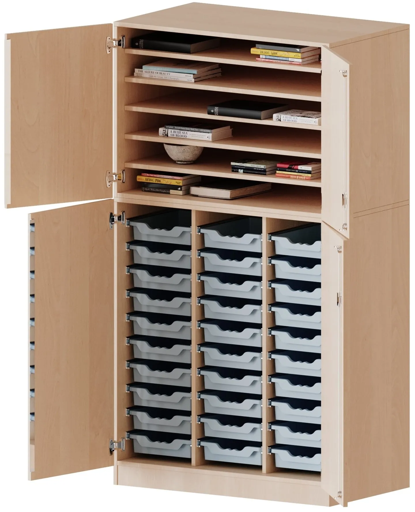 Bastelschrank mit 6 Papierablagen und 30 ErgoTray Boxen, geteilte Türen - EVO180 Serie