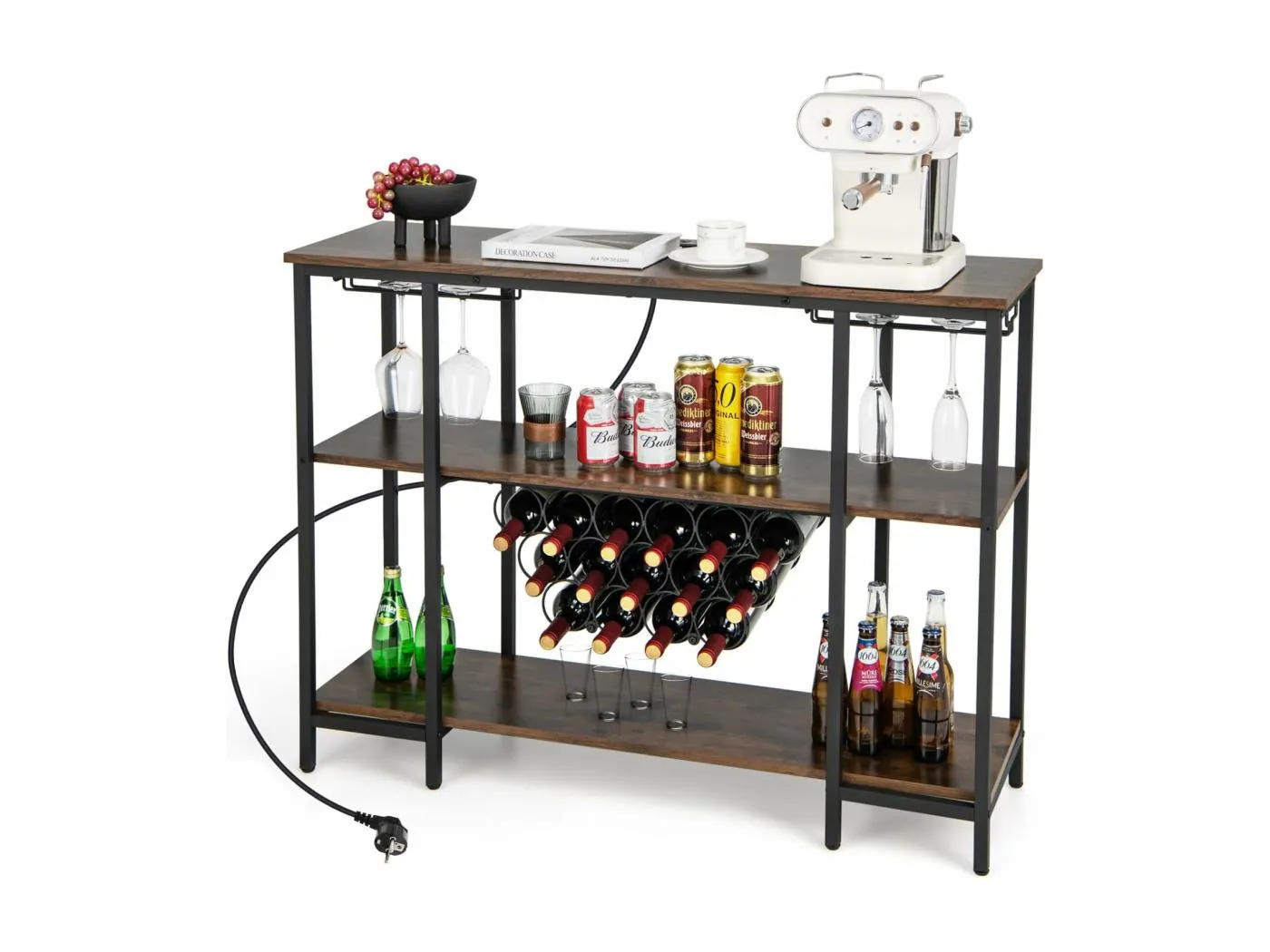 Weinregal mit Glashalter & Regalen, 3 Ebenen Flaschenregal mit Steckdosen, für 15 Weinflaschen, industrieller & freistehender Weinschrank für Zuhause, Küche, Bar, 113 x 35 x 85 cm(Braun) VH33364