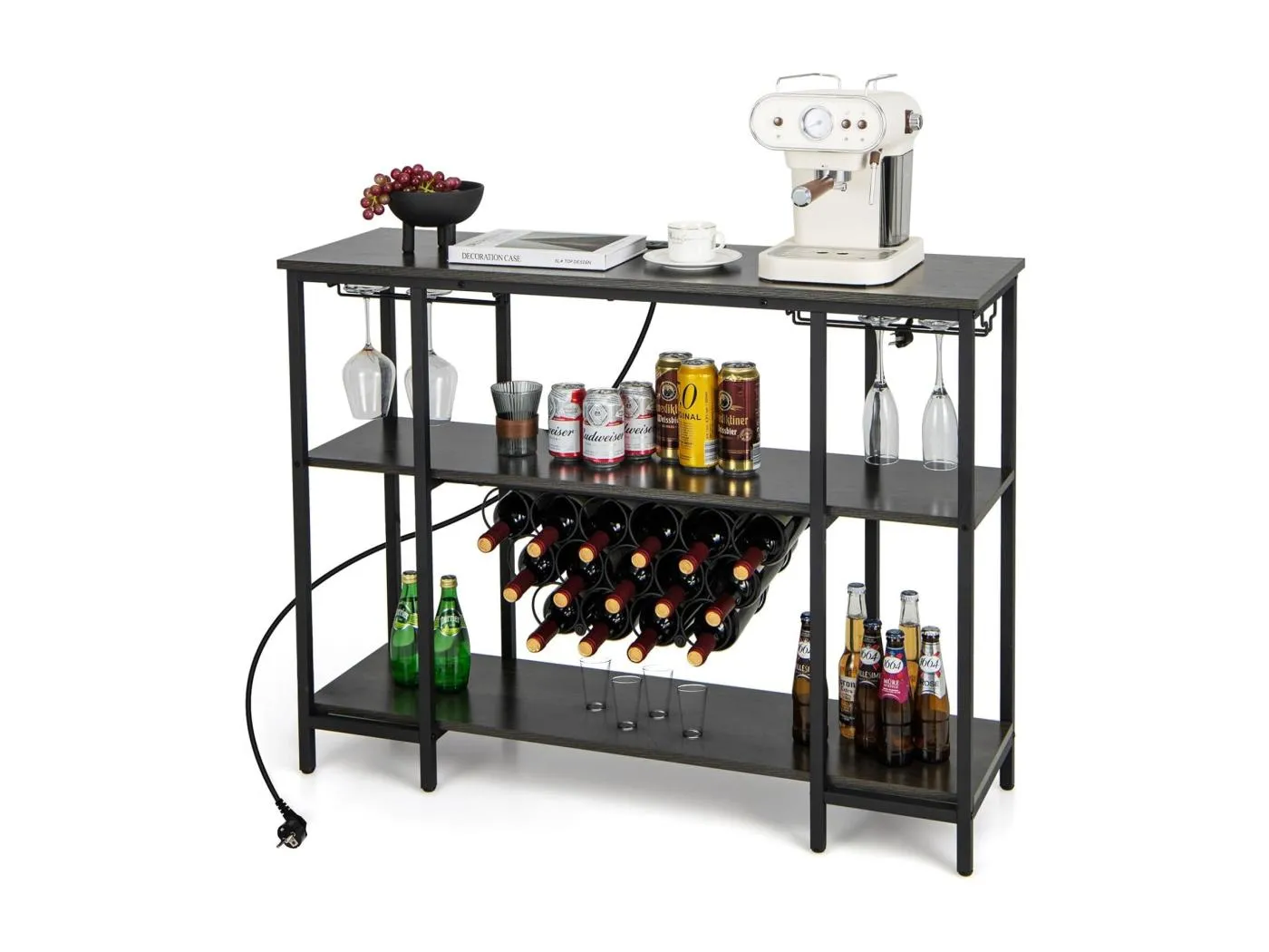 Weinregal mit Glashalter & Regalen, 3 Ebenen Flaschenregal mit Steckdosen, für 15 Weinflaschen,Weinschrank für Zuhause, Küche, Bar, 113 x 35 x 85 cm(Grau) VH33364