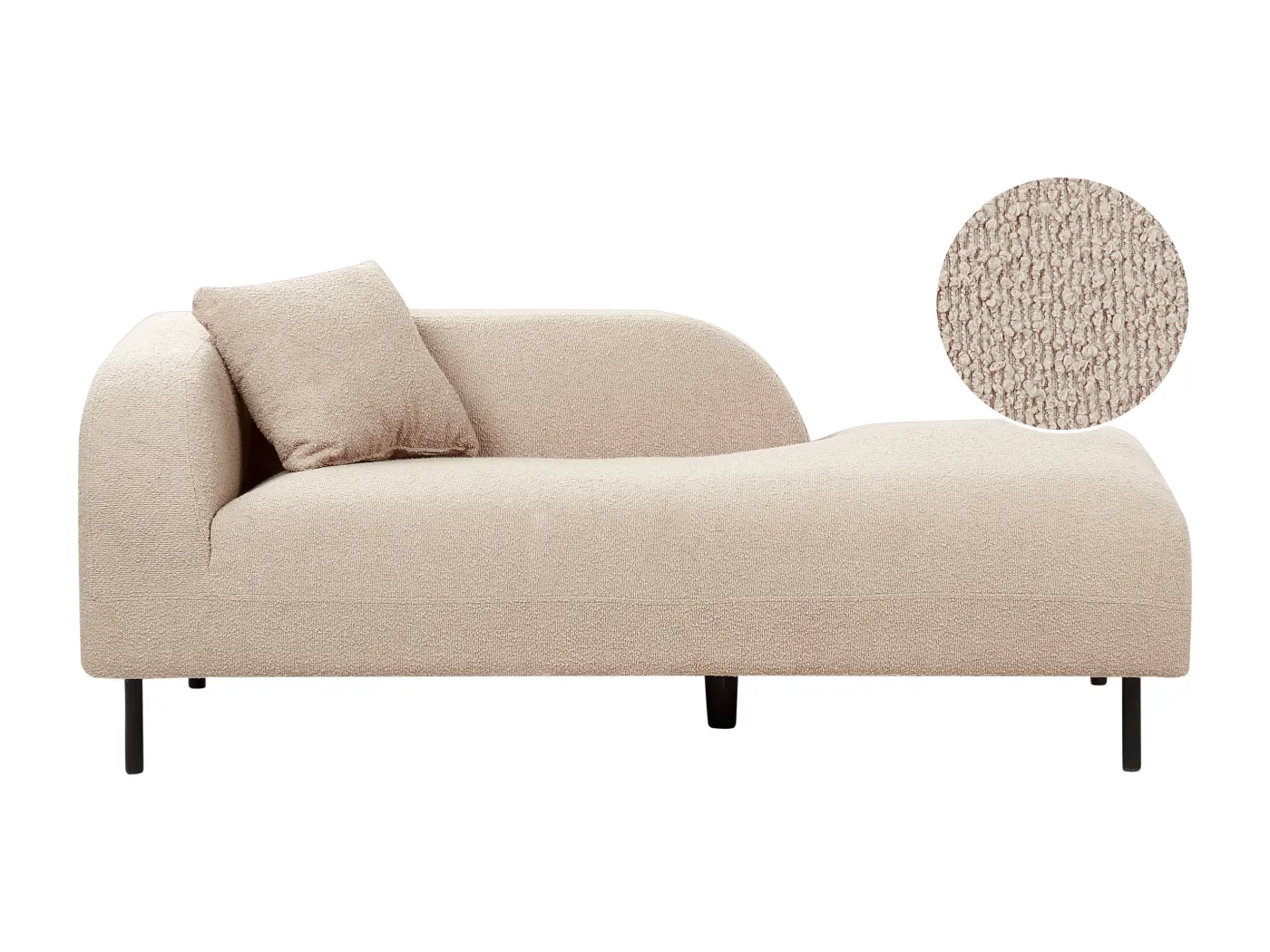 Chaiselongue Bouclé beige taupe links mit Kissen Retro Metallgestell Le Crau