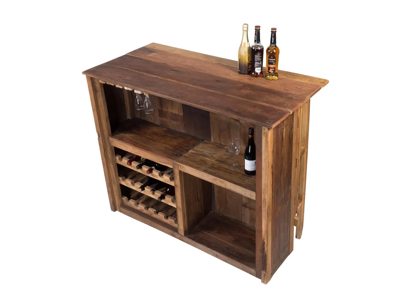 BARSCHRANK-SET Aruba 3-tlg. Massivholz, mit 2 Barhockern, 12er Flaschenregal und Gläserschienen naturfarben