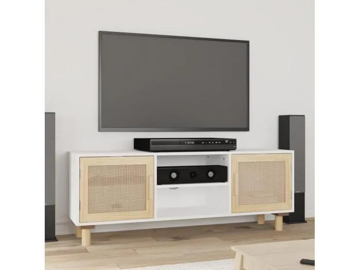 TV-Schrank Weiß 105x30x40 cm Massivholz Kiefer Natur-Rattan