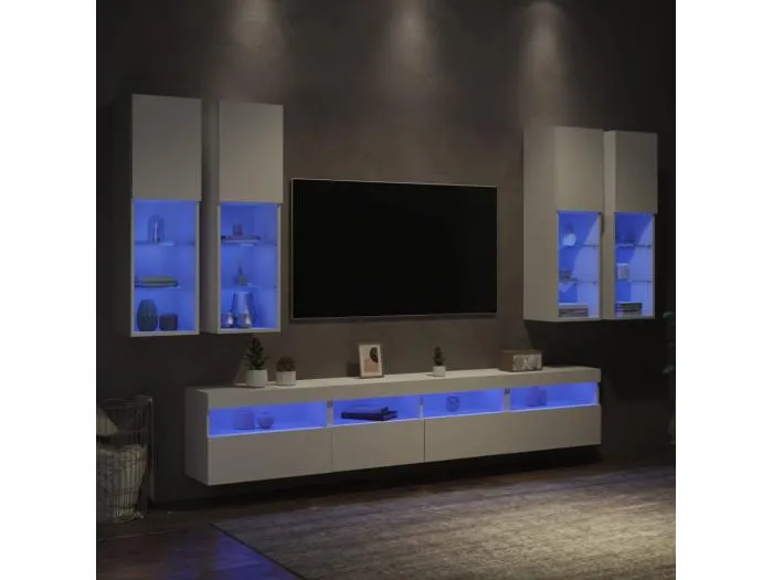 7-tlg. TV-Wohnwand mit LED-Leuchten Weiß