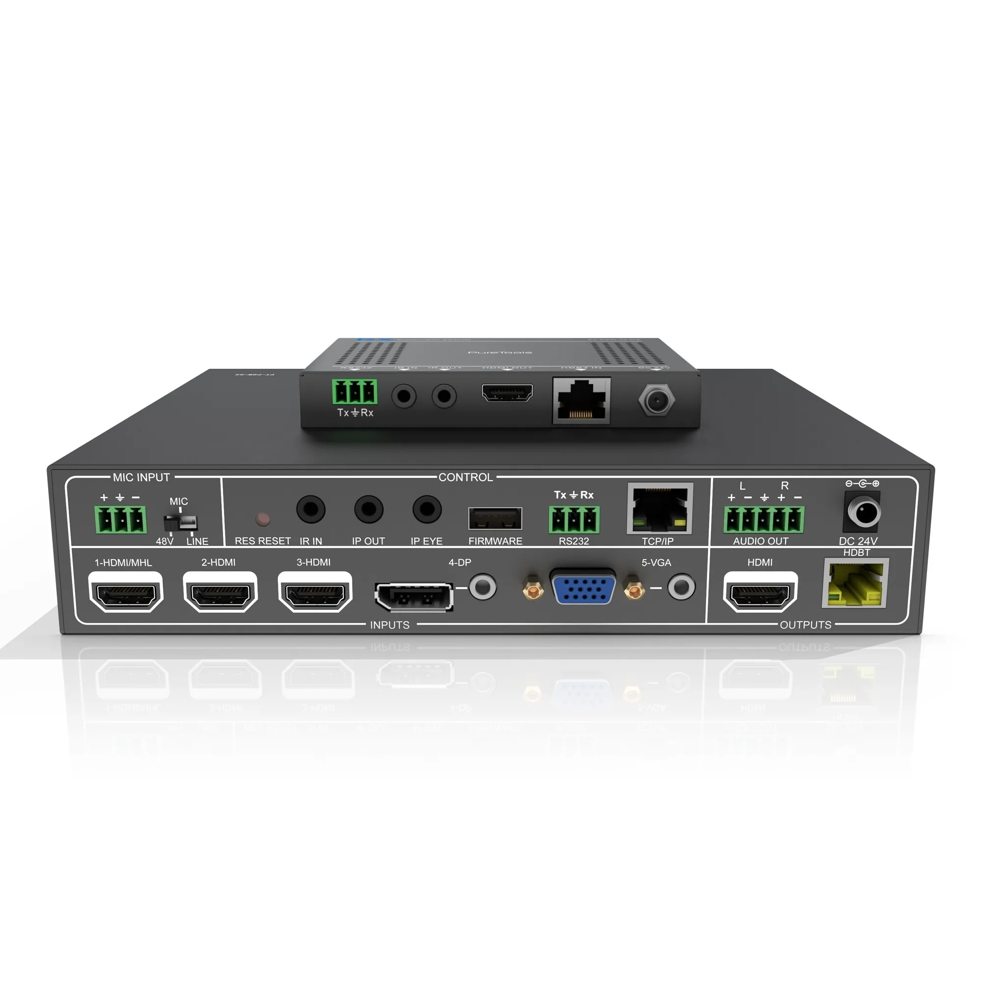 OneAV PureTools - Seamless Scaler Switcher 5x2, 1080P, 3-level MIC, HDMI & HDBT Outputs