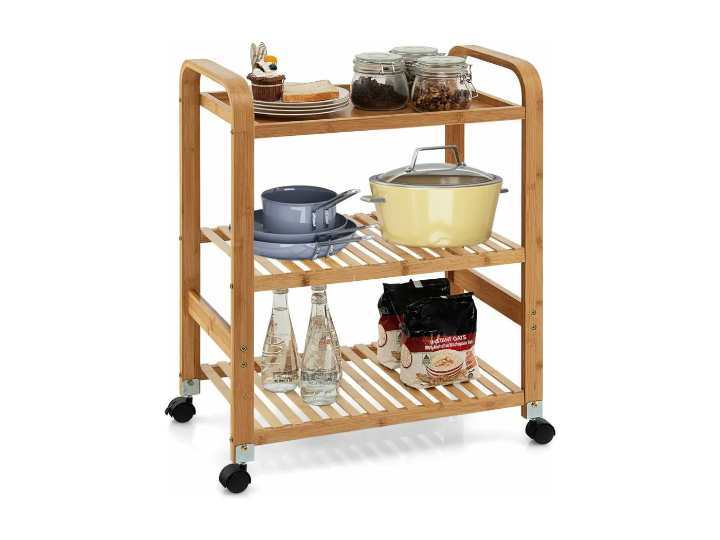 Servierwagen mit 3 Ablagen, Griffen & abnehmbarem Rollen, Küchenwagen Bambus auf Rädern, Mobiler Allzweckwagen Rollwagen Lagerregal für Küche, Flur & Bad, 58 x 33 x 76 cm