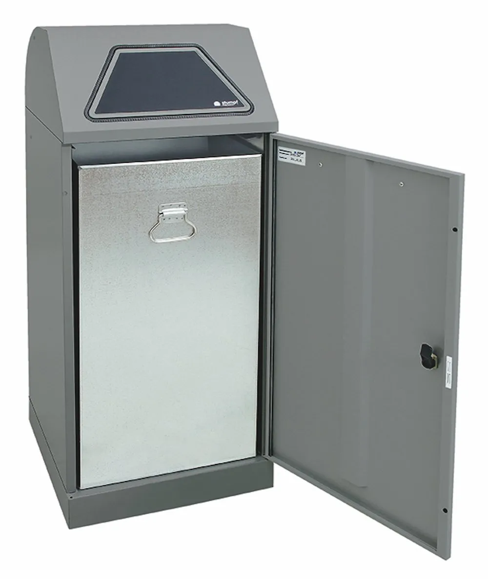 Abfallbehälter mit verzinktem Stahleinsatz | 120 Liter, HxBxT 110x45x45cm | Brandschutzklasse A1 | Dunkelgrau mit Klappenaufkleber in 4 Farben