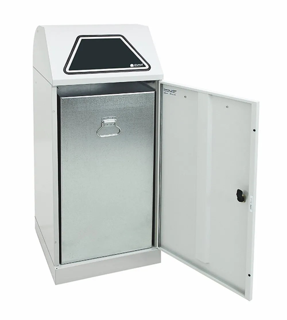 Abfallbehälter mit verzinktem Stahleinsatz | 120 Liter, HxBxT 110x45x45cm | Brandschutzklasse A1 | Lichtgrau mit Klappenaufkleber in 4 Farben