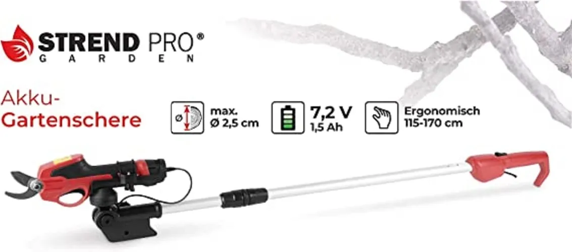 EDWARD elektrische Astschere mit 180cm Teleskopgriff & Ersatzakku | 7,2 V Li-Ion Akku Batterie | 2cm Klingenlänge | Batteriekapazität 1,5 Ah | Baumschere Akkuschere Rebschere Schere