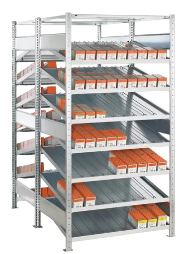 Schulte Doppel-Kanbanregal MULTIplus150 | Grundregal | HxBxT 200x100x80cm | 7 Ebenen | Fachlast 150kg | ohne Trenn- und Seitenführungen | Verzinkt