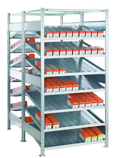 Schulte Doppel-Kanbanregal MULTIplus150 | Anbauregal | HxBxT 200x130x50cm | 7 Ebenen | Fachlast 150kg | ohne Trenn- und Seitenführungen | Verzinkt