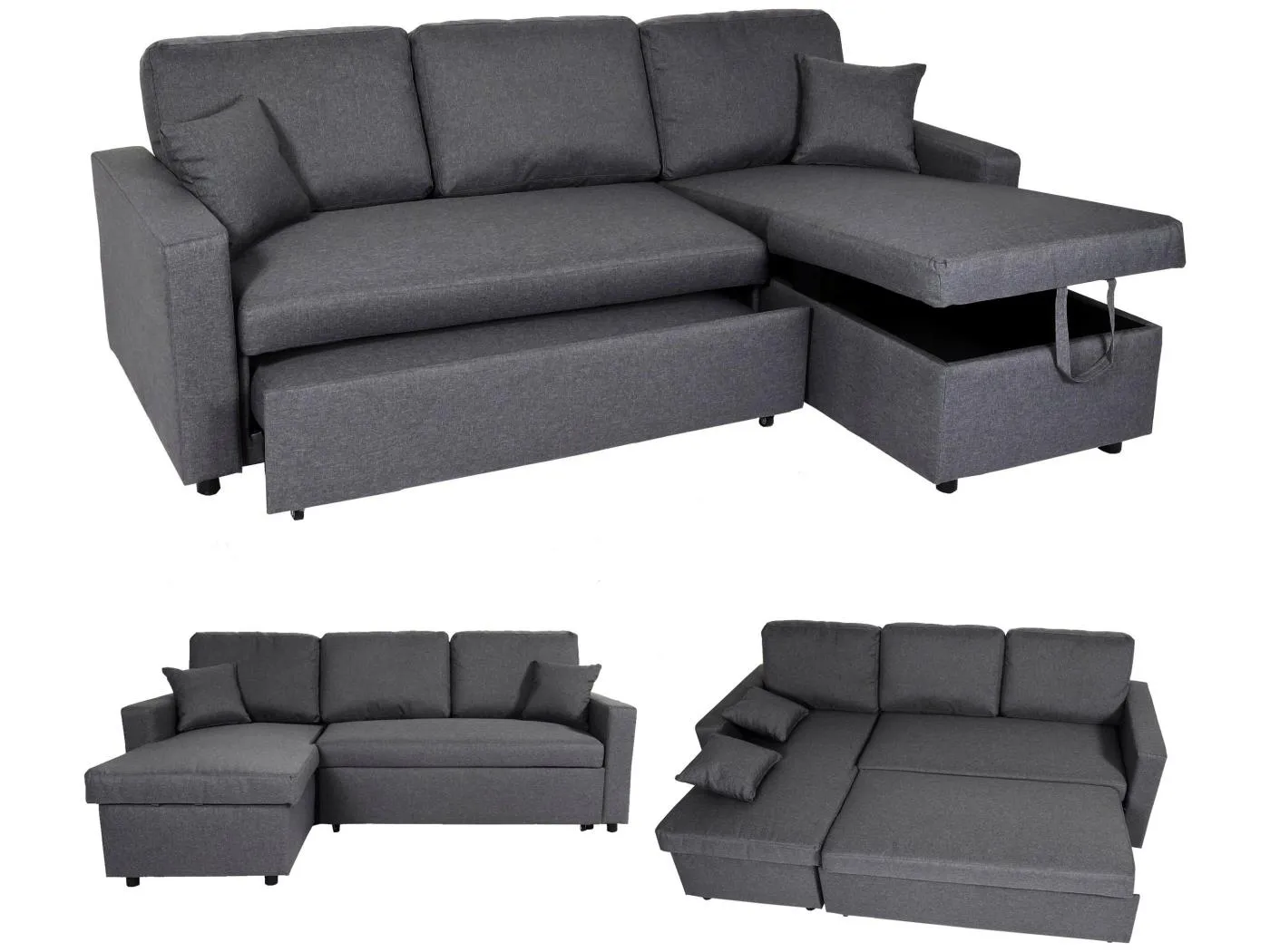 Ecksofa mit Bettkasten MCW-L17, Dunkelgrau