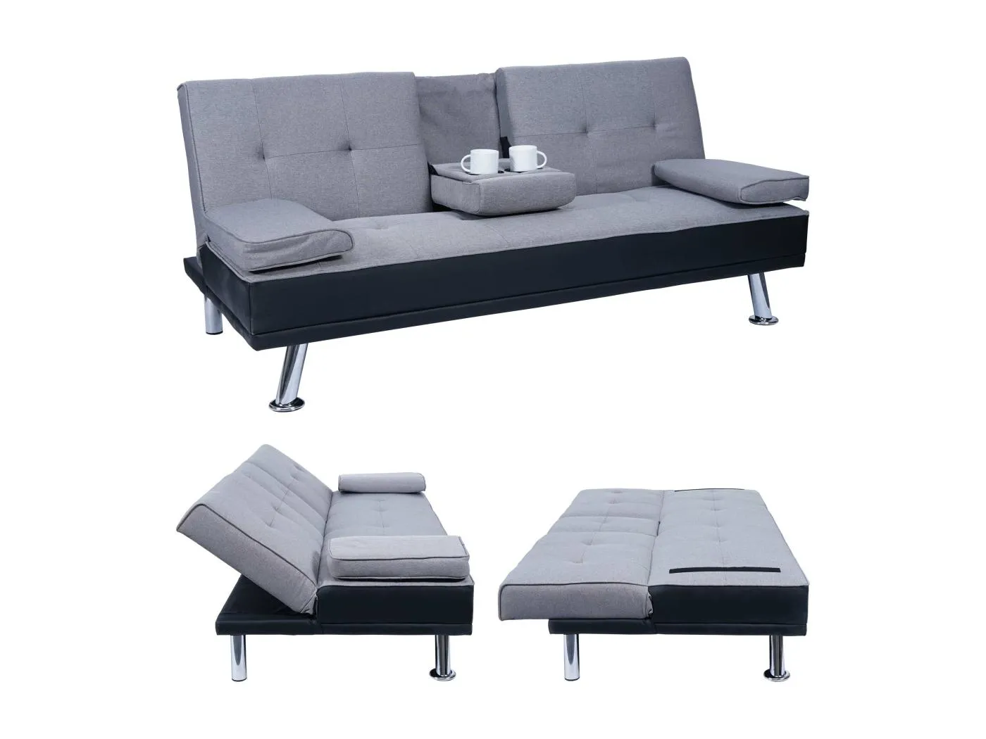 3er-Sofa MCW-F60, Kunstleder/Textil, schwarz/hellgrau