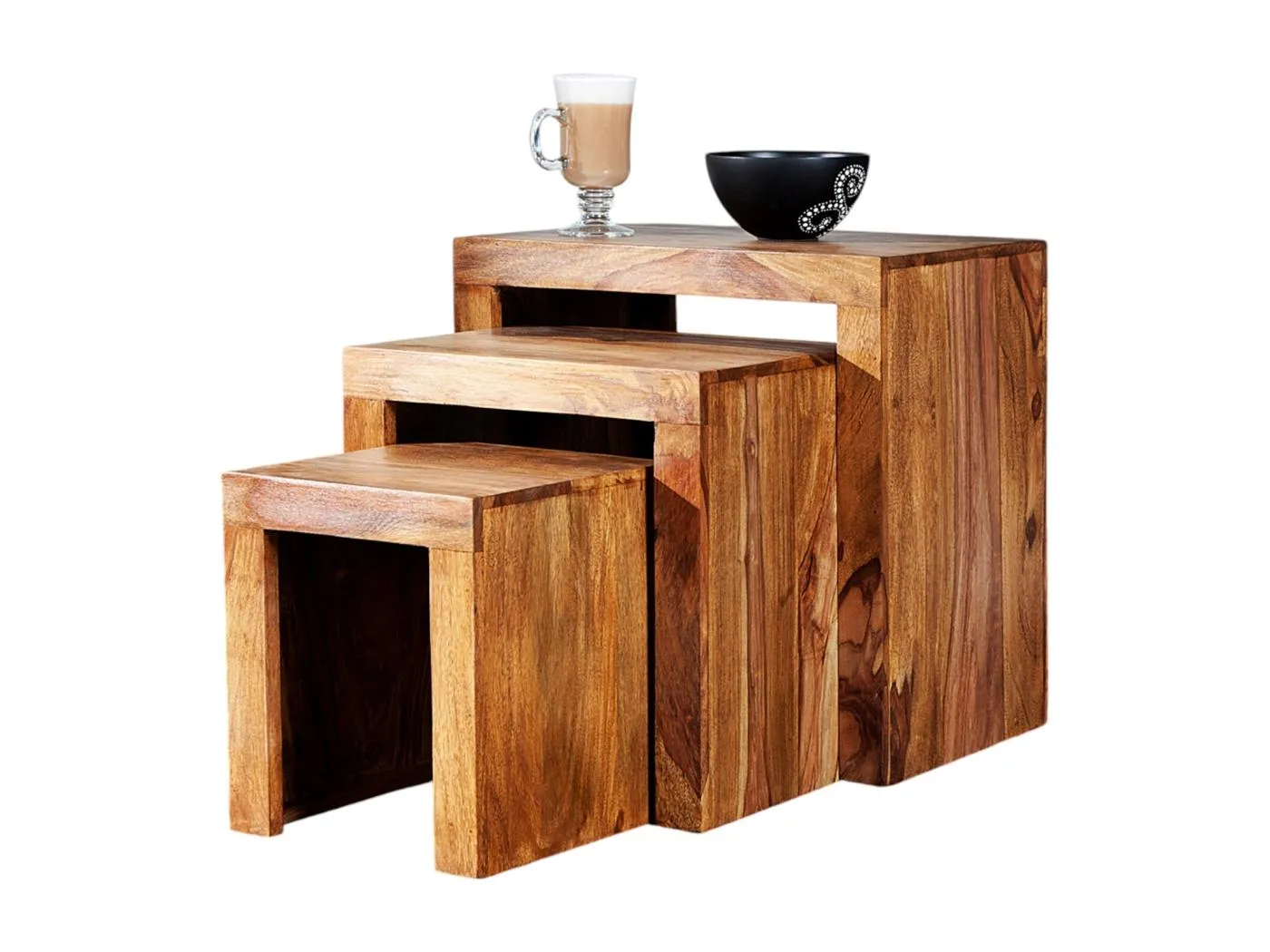 BEISTELLTISCH SHEESHAM 3er Set Massivholz braun