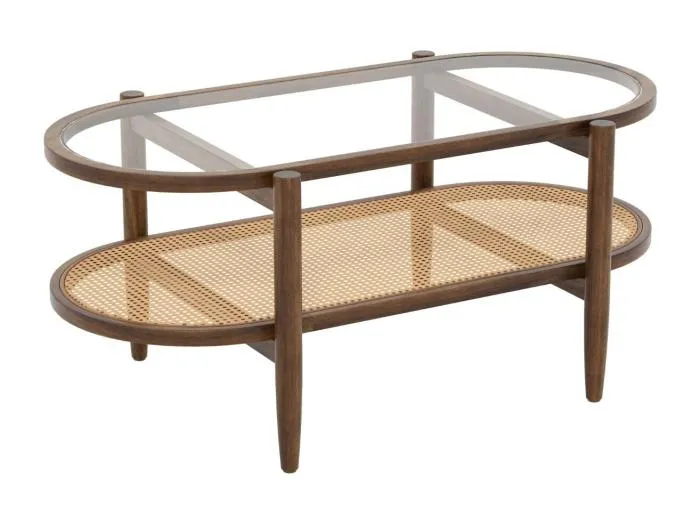 Couchtisch Beistelltisch mit Glas Tischplatte & Rattan Ablage 102 x 56 x 47 cm Braun