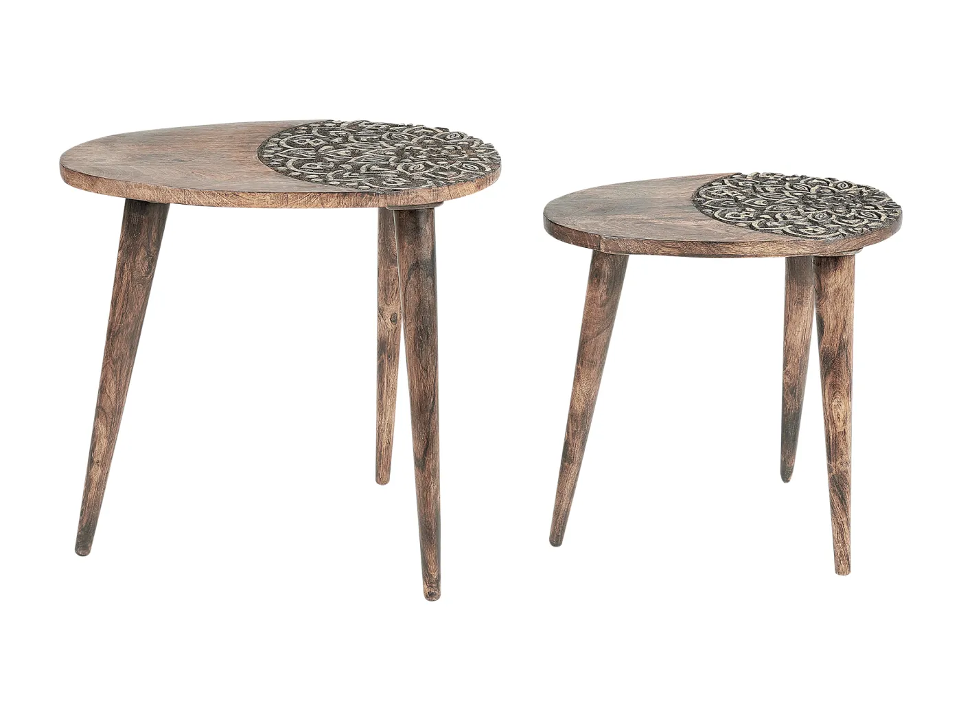 Beistelltisch 2er Set Mango Holz dunkelbraun oval dreibeinig geschnitzt Khetua