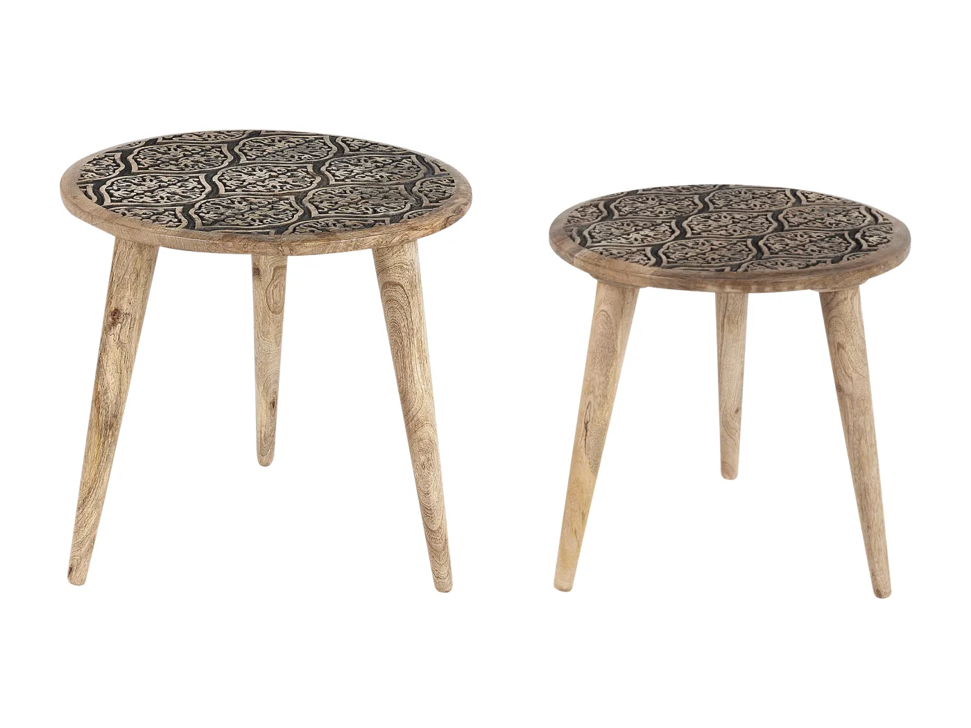 Beistelltisch 2er Set Mango Holz hellbraun rund dreibeinig geschnitzt Sharma