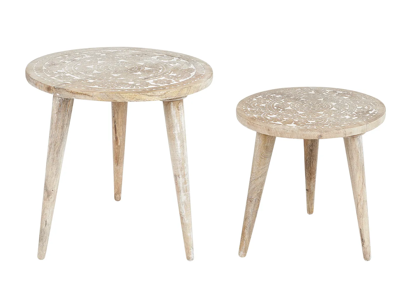 Beistelltisch 2er Set Mango Holz hellbraun / weiß rund dreibeinig verziert Uday