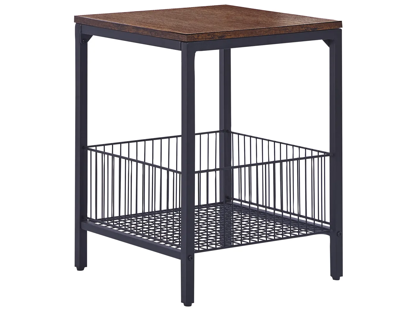 Beistelltisch dunkler Holzfarbton / schwarz Metallbeine mit Drahtkorb Bruni